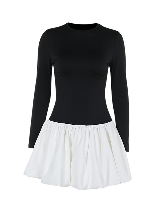 Long Sleeves Skinny Contrast Color Pleated Split-Joint Round-Neck Mini Dresses
