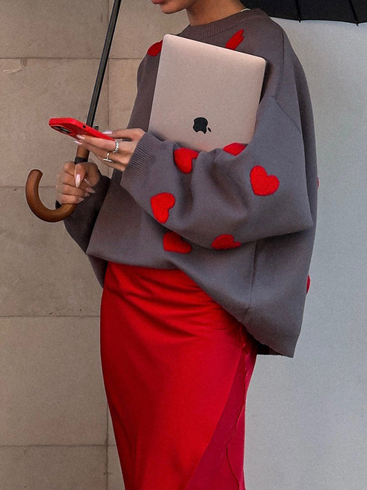 Loose Heart Print Split-Joint Round-Neck Sweater Tops