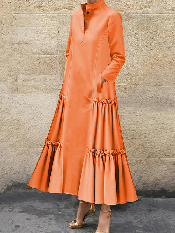 A-Line Long Sleeves Buttoned Layered Pleated Pockets Ruffled Solid Color Split-Joint Stand Collar Maxi Dresses