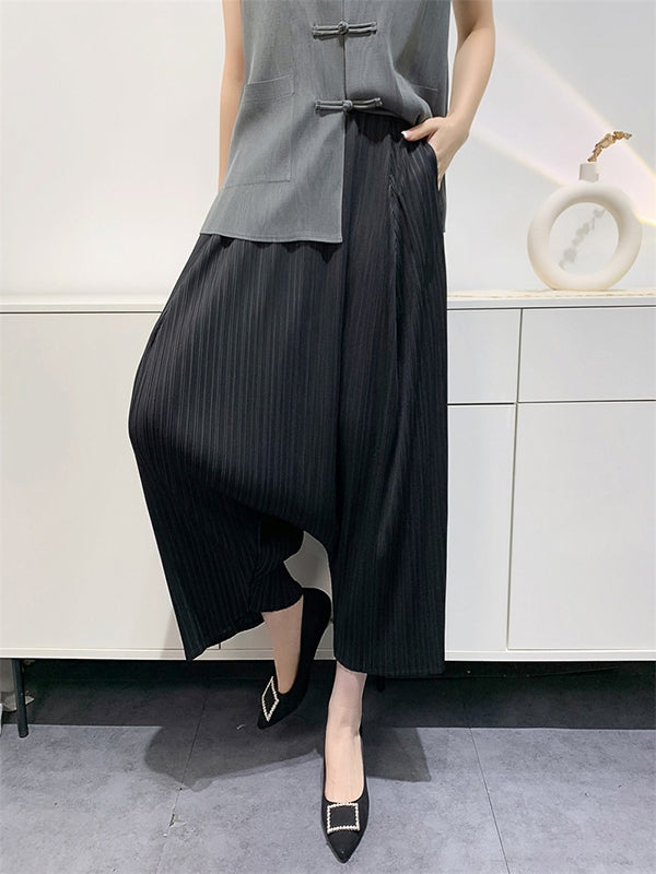 Harem Pants High Waisted Elasticity Pleated Solid Color Split-Joint Ninth Pants Pants Trousers