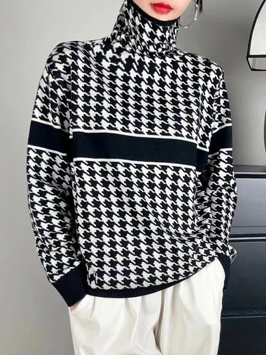 Long Sleeves Loose Contrast Color Houndstooth Split-Joint High Neck Pullovers Sweater Tops