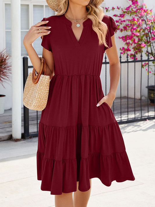 Loose Ruffle Sleeves Pleated Pockets Solid Color Split-Joint V-Neck Midi Dresses