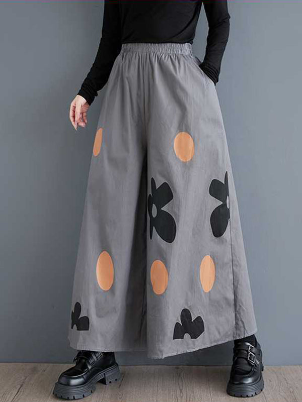 Loose Wide Leg Elasticity Flower Print Pockets Culotte Pants