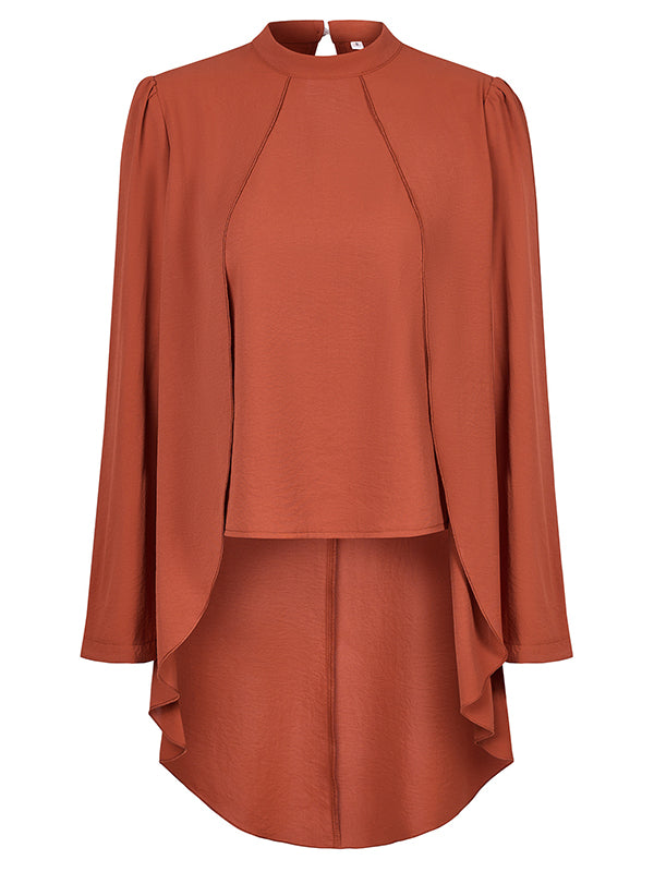 False Two High-Low Solid Color Split-Joint Mock Neck Blouses&Shirts Tops