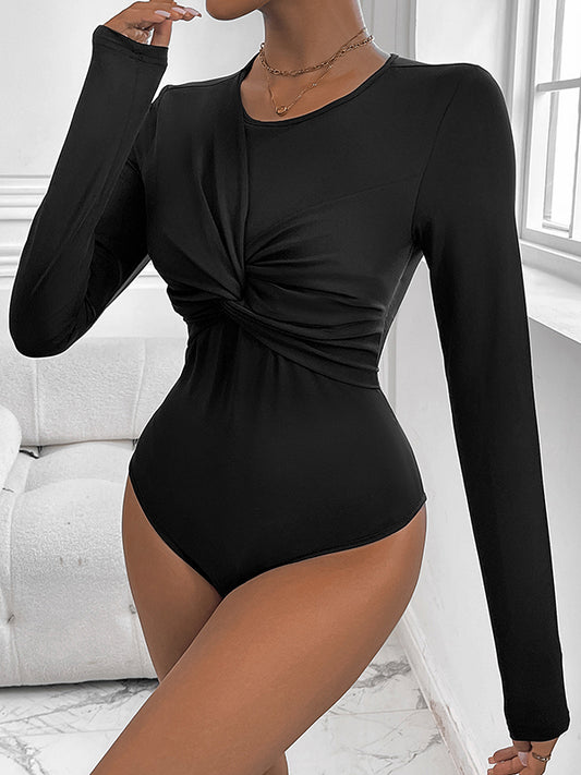 Bodycon Long Sleeves Knot Solid Color Round-Neck Bodysuits