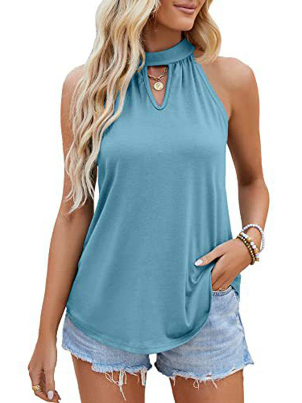 Loose Sleeveless Colorful Hollow Pleated Solid Color Tied Halter-Neck Vest Top