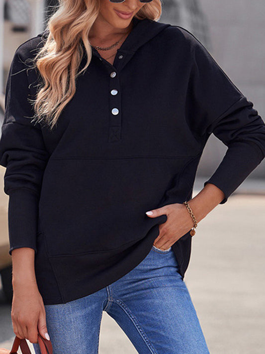 Batwing Sleeves Long Sleeves Buttoned Hooded Split-Joint V-Neck Hoodies Tops