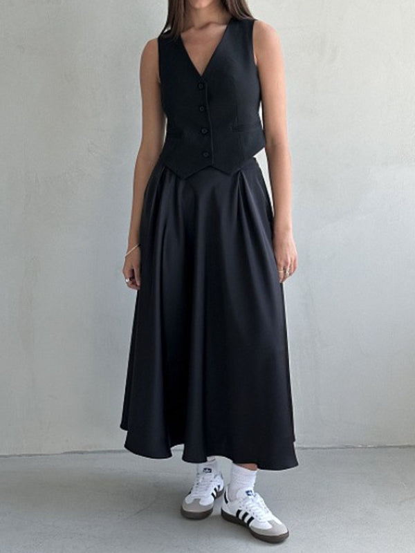 A-Line High Waisted Elasticity Pleated Solid Color Skirts