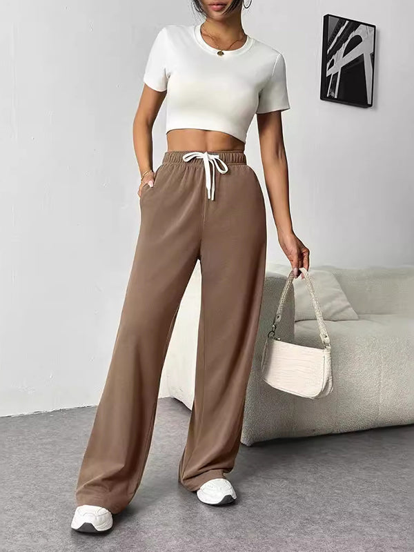 High Waisted Loose Drawstring Elasticity Split-Joint Pants Trousers