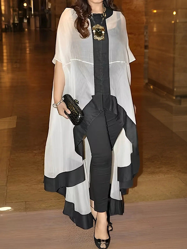 Batwing Sleeves High-Low Gauze See-Through Split-Joint Round-Neck Blouses&Shirts Tops