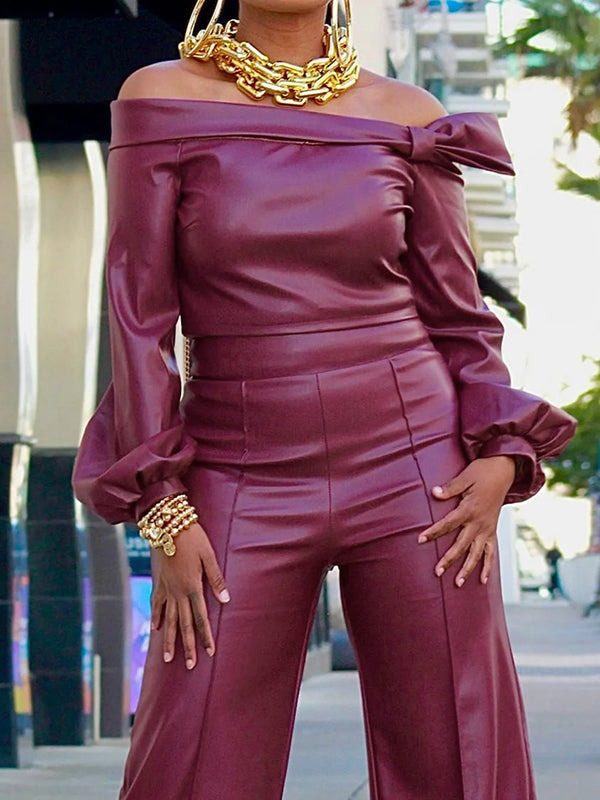 Long Sleeves Puff Sleeves Asymmetric Knot Solid Color Off-The-Shoulder Shirts Top + Pants Bottom Two Pieces Set