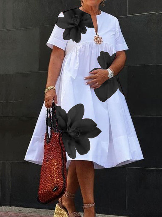 A-Line Loose Flower Print Pleated V-Neck Midi Dresses