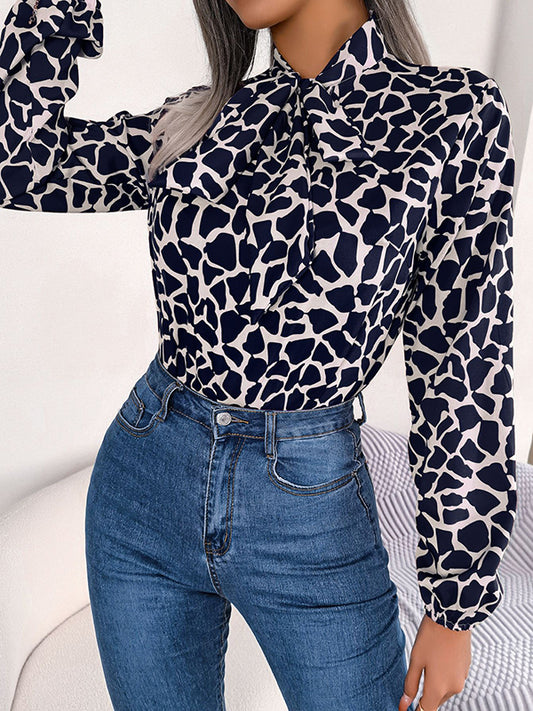 Bishop Sleeve Long Sleeves Bow-Embellished Elasticity Tied Mock Neck Blouses&Shirts Tops