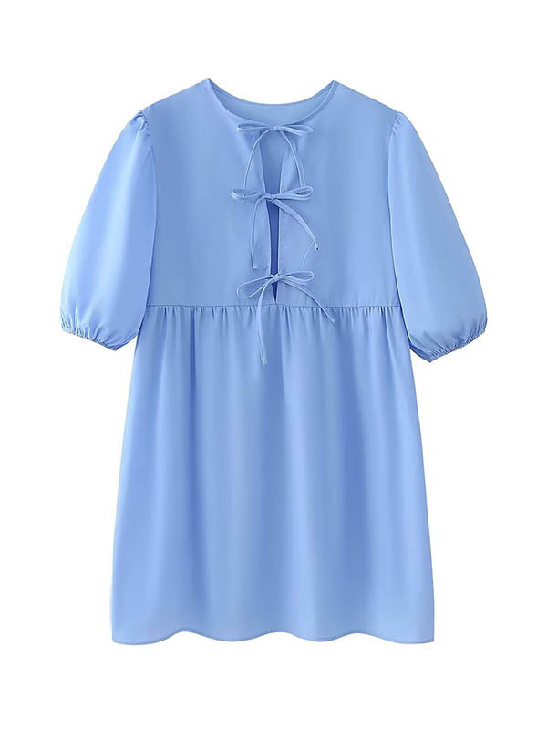 Loose Puff Sleeves Elasticity Hollow Lace-Up Pleated Split-Joint Round-Neck Blouses&Shirts Tops