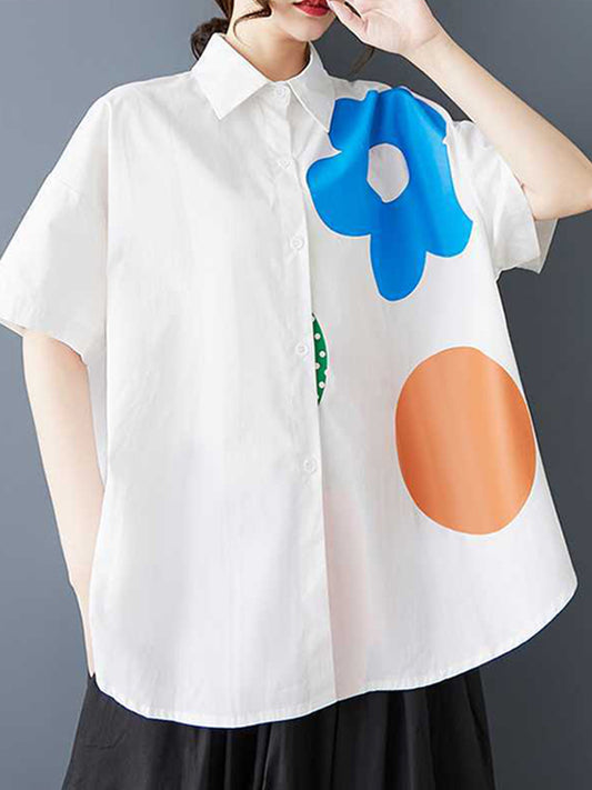 Loose Short Sleeves Buttoned Flower Print Lapel Blouses&Shirts Tops