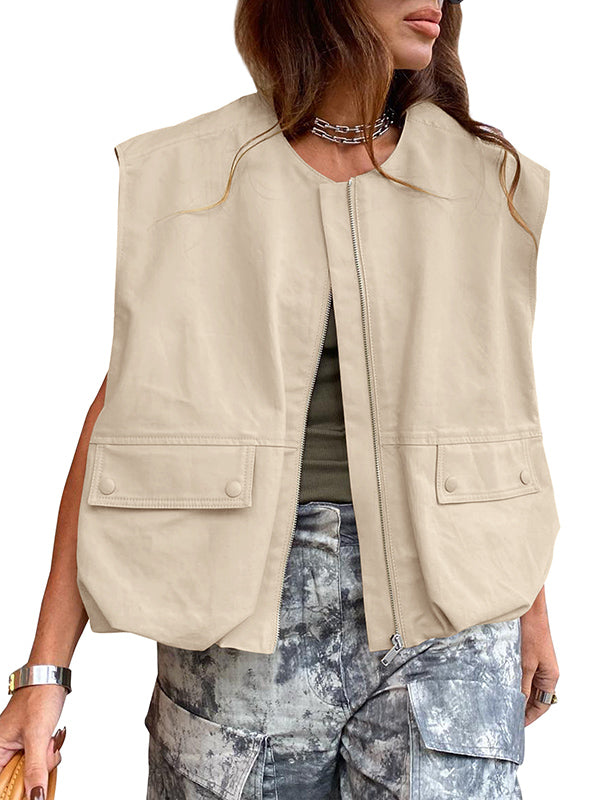 Loose Sleeveless Pockets Split-Joint Zipper Round-Neck Vest Outerwear