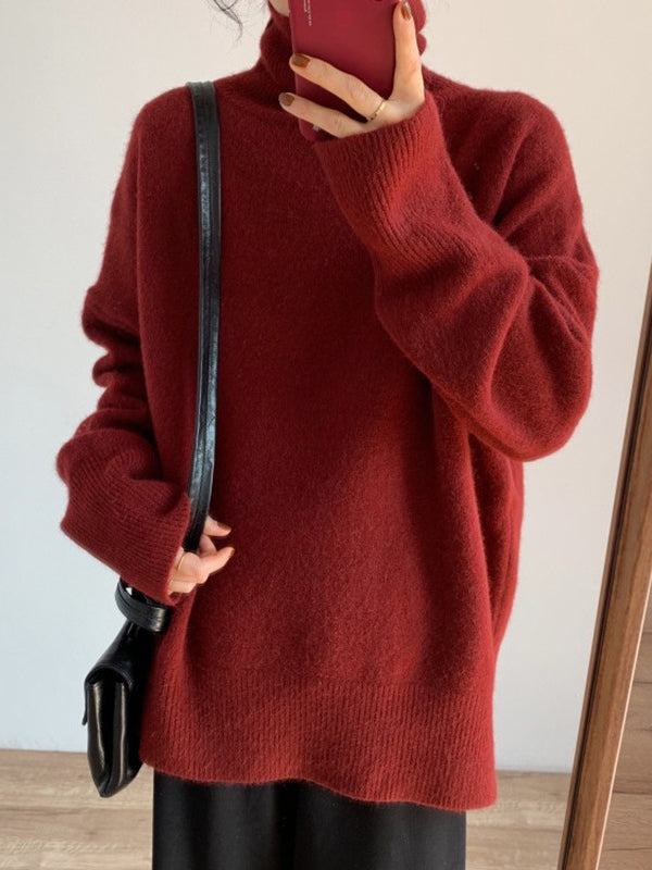 Long Sleeves Loose Solid Color Split-Joint Split-Side High Neck Sweater