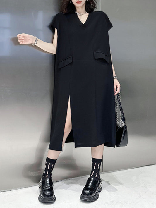 Loose Short Sleeves Asymmetric Solid Color Split-Joint Split-Side V-Neck Midi Dresses