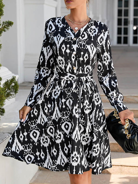 A-Line Long Sleeves Buttoned Contrast Color Printed Tied Waist V-Neck Mini Dresses