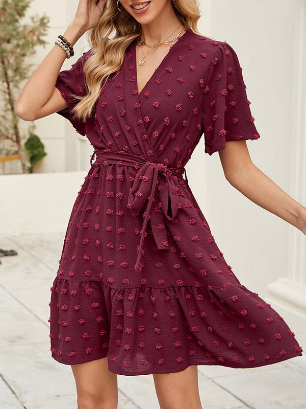 A-Line Flared Sleeves Jacquard Pleated Solid Color Tied Waist V-Neck Mini Dresses