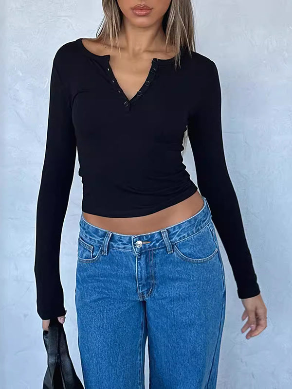 Long Sleeves Skinny Solid Color Split-Joint V-Neck T-Shirts