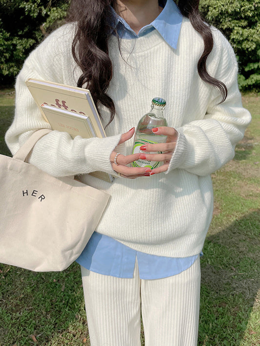 Long Sleeves Loose Solid Color Round-Neck Pullovers Sweater Tops