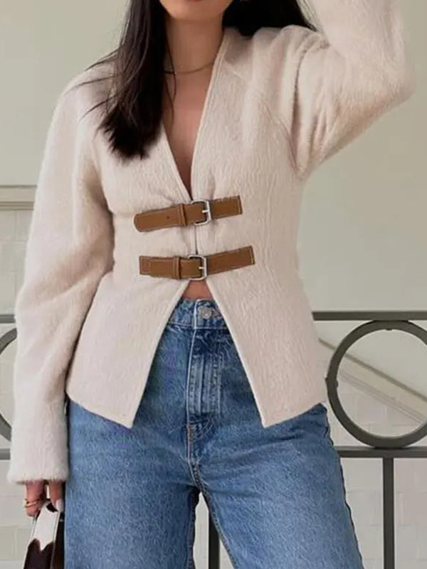 Long Sleeves Loose Buckle Split-Joint V-Neck Outerwear