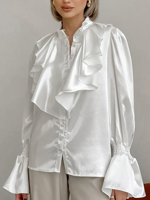 Flared Sleeves Loose Falbala Solid Color Split-Joint Stand Collar Blouses&Shirts Tops