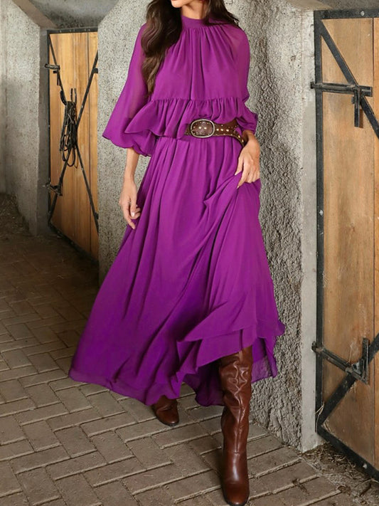 Flared Sleeves Loose Pleated Solid Color Split-Joint Round-Neck Maxi Dresses