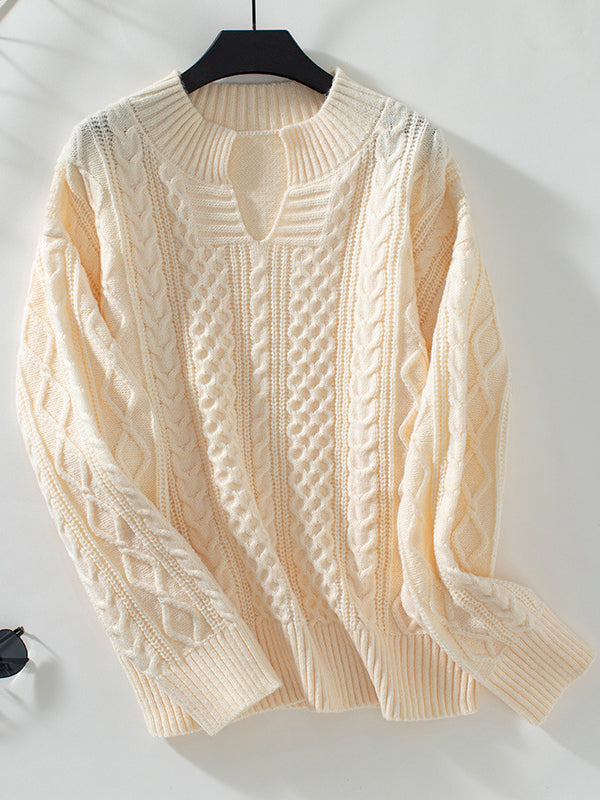 Long Sleeves Loose Solid Color Split-Joint V-Neck Pullovers Sweater Tops