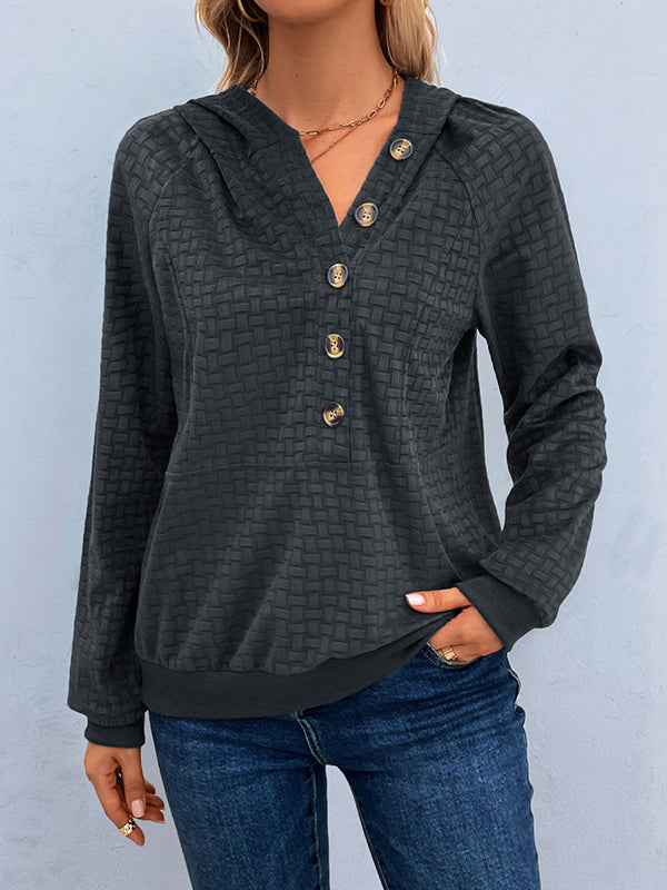 Hooded Long Sleeves Buttoned Split-Joint Hoodies Tops