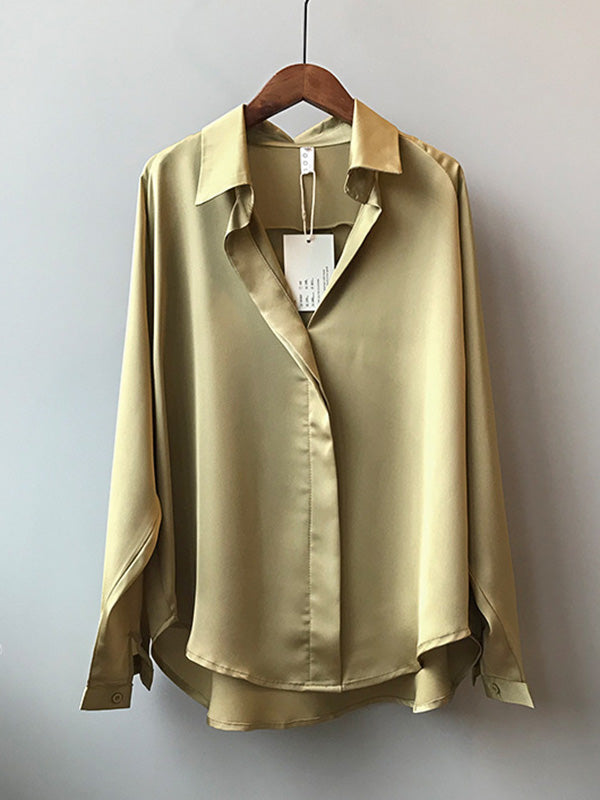 Satin V-Neck Loose Solid Color High-Low Long Sleeve Shirts