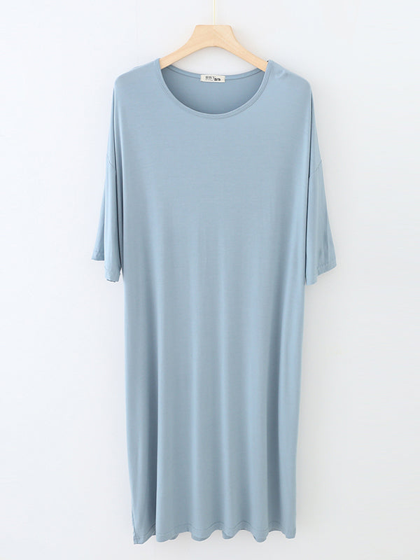 High Waisted Loose Solid Color Split-Joint Round-Neck Pajama Dress