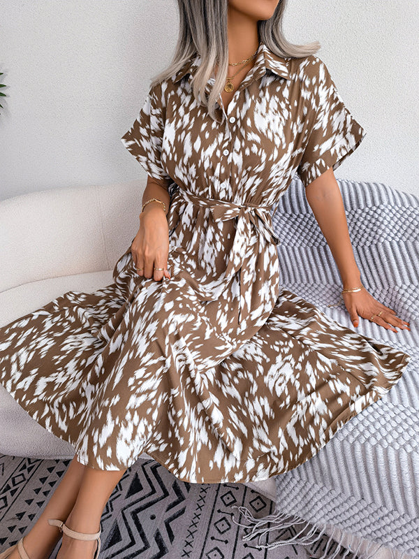 Loose Short Sleeves Leopard Ribbed Lapel Midi Dresses
