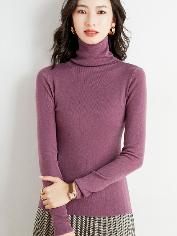 Simple Skinny Long Sleeves Solid Color High-Neck Sweater Tops Pullovers