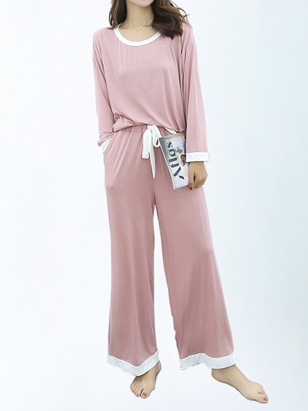Long Sleeves Loose Contrast Color Round-Neck Two Pieces Pajama Set