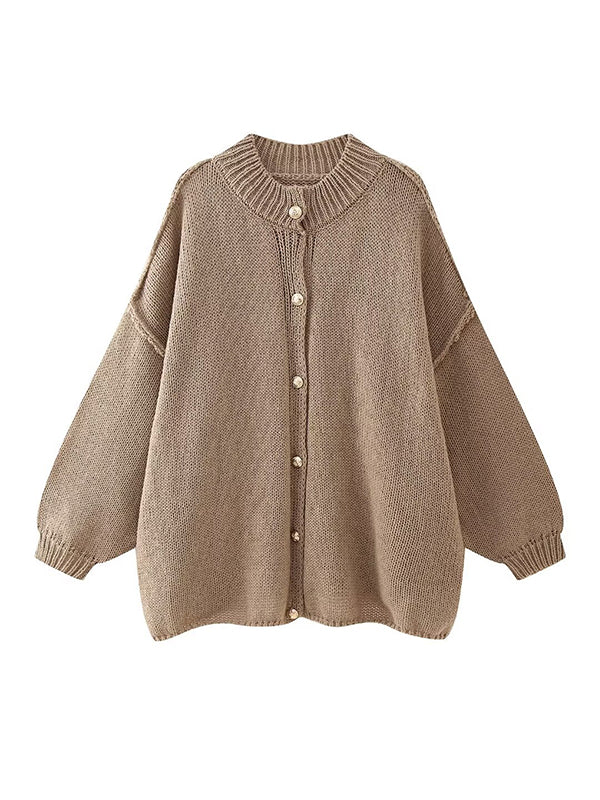 Loose Puff Sleeves Buttoned Split-Joint Round-Neck Cardigan Tops