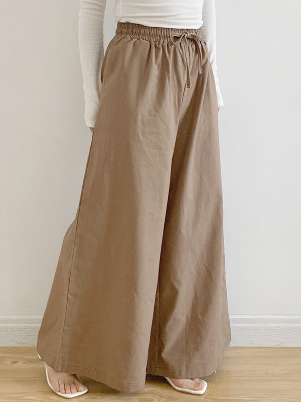 High Waisted Loose Drawstring Elasticity Pockets Solid Color Pants Trousers
