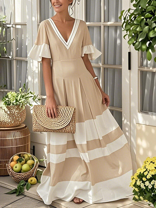 A-Line Flared Sleeves Contrast Color Pleated V-Neck Maxi Dresses