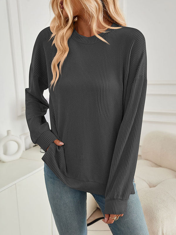 High-Low Long Sleeves Pleated Solid Color Split-Joint Split-Side Round-Neck Sweatershirt