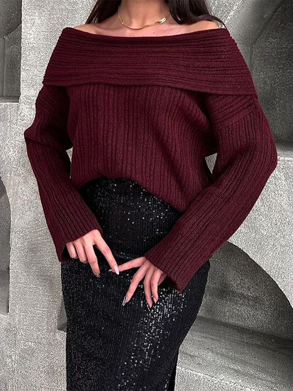 Long Sleeves Loose Solid Color Split-Joint Off-The-Shoulder Pullovers Sweater Tops