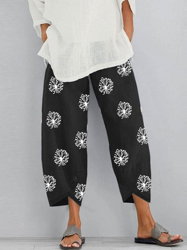 Loose Flower Print Pockets Split-Joint Pants Trousers