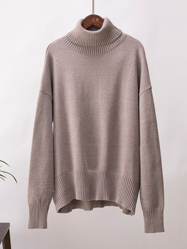 High-Low Long Sleeves Solid Color Split-Joint High Neck Sweater Tops