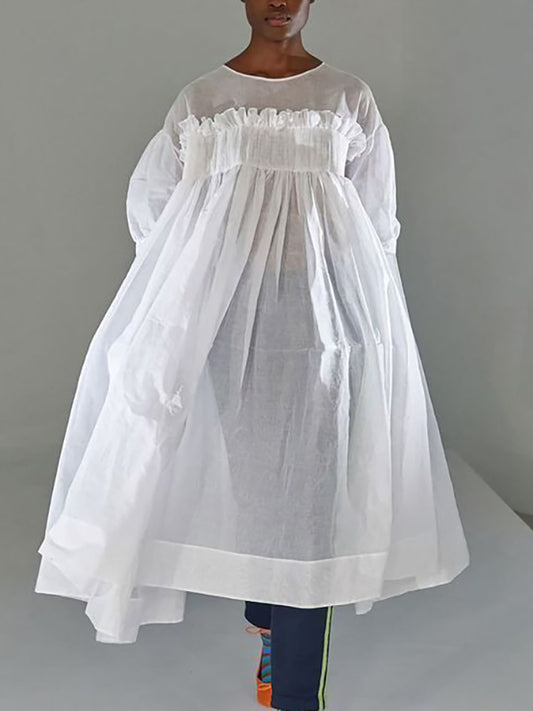 A-Line Long Sleeves Mesh Pleated See-Through Solid Color Split-Joint Round-Neck Midi Dresses