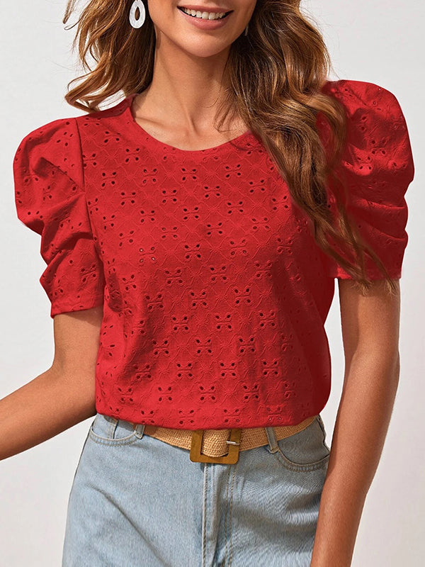 Loose Short Sleeves Hollow Pleated Solid Color Round-Neck T-Shirts Tops