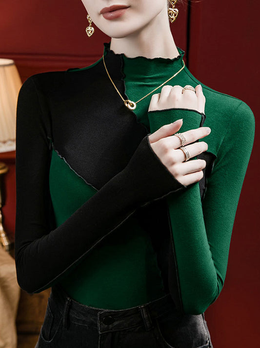 Long Sleeves Plus Size Contrast Color Ruffle Trim Split-Joint Mock Neck T-Shirts Tops