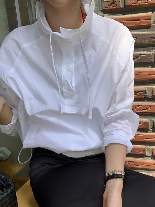 Long Sleeves Loose Drawstring Pockets Striped Sun Protection Stand Collar Outerwear Sweatshirt Tops