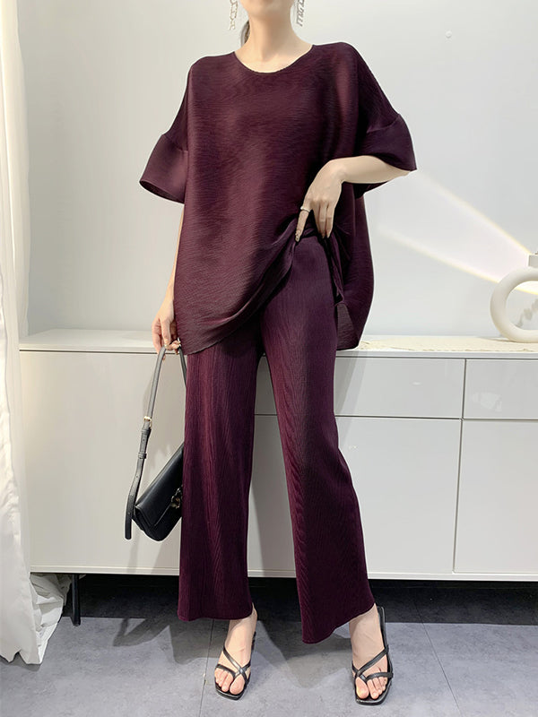 Elastics Pleated Solid Color Round-Neck T-Shirt + Wide Leg Pants Two Pieces Set