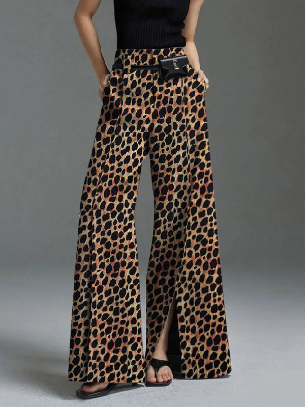 Loose Wide Leg Leopard Split-Front Casual Pants Bottoms Trousers