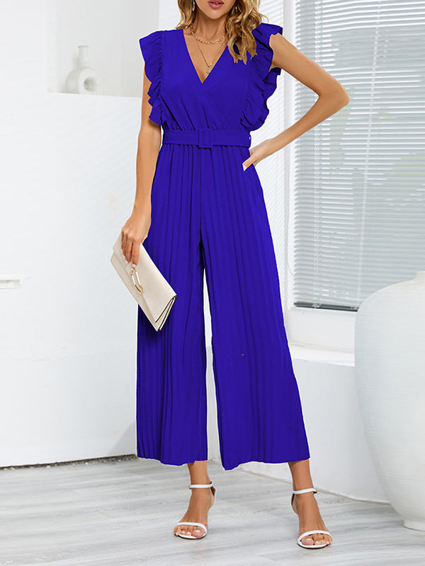 High Waisted Loose Belted Pleated Ruffled Solid Color V-Neck Jumpsuits